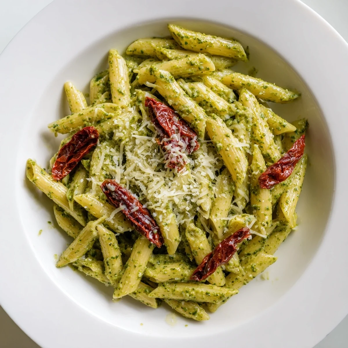 Appetizing Green Pesto Pasta with Sun-Dried Tomatoes served alongside a fork and glass of white wine for a complete Italian dinner.