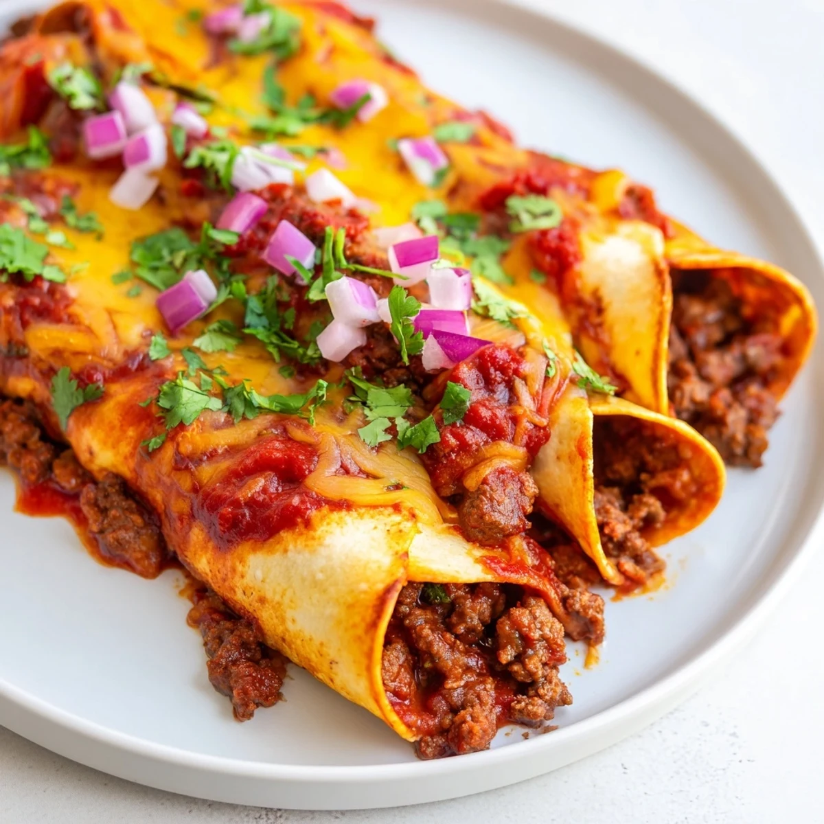 Sizzling Championship Beef Enchiladas with Red Sauce in a baking dish, topped with diced red onion and fresh cilantro.