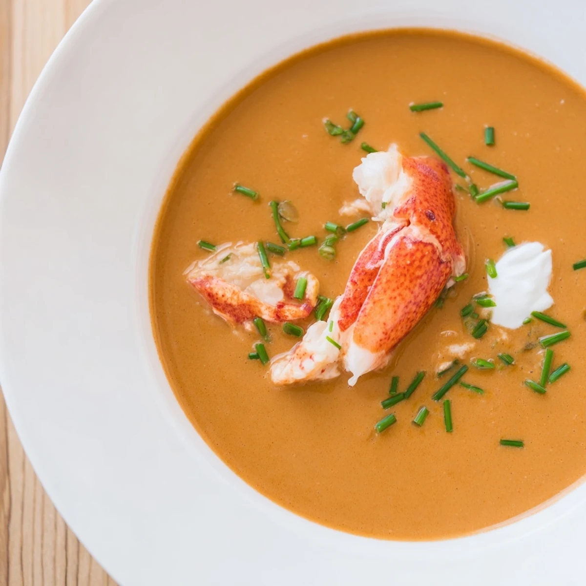 Romantic Lobster Bisque with Sherry Vinegar served in a rustic bowl with crusty bread.