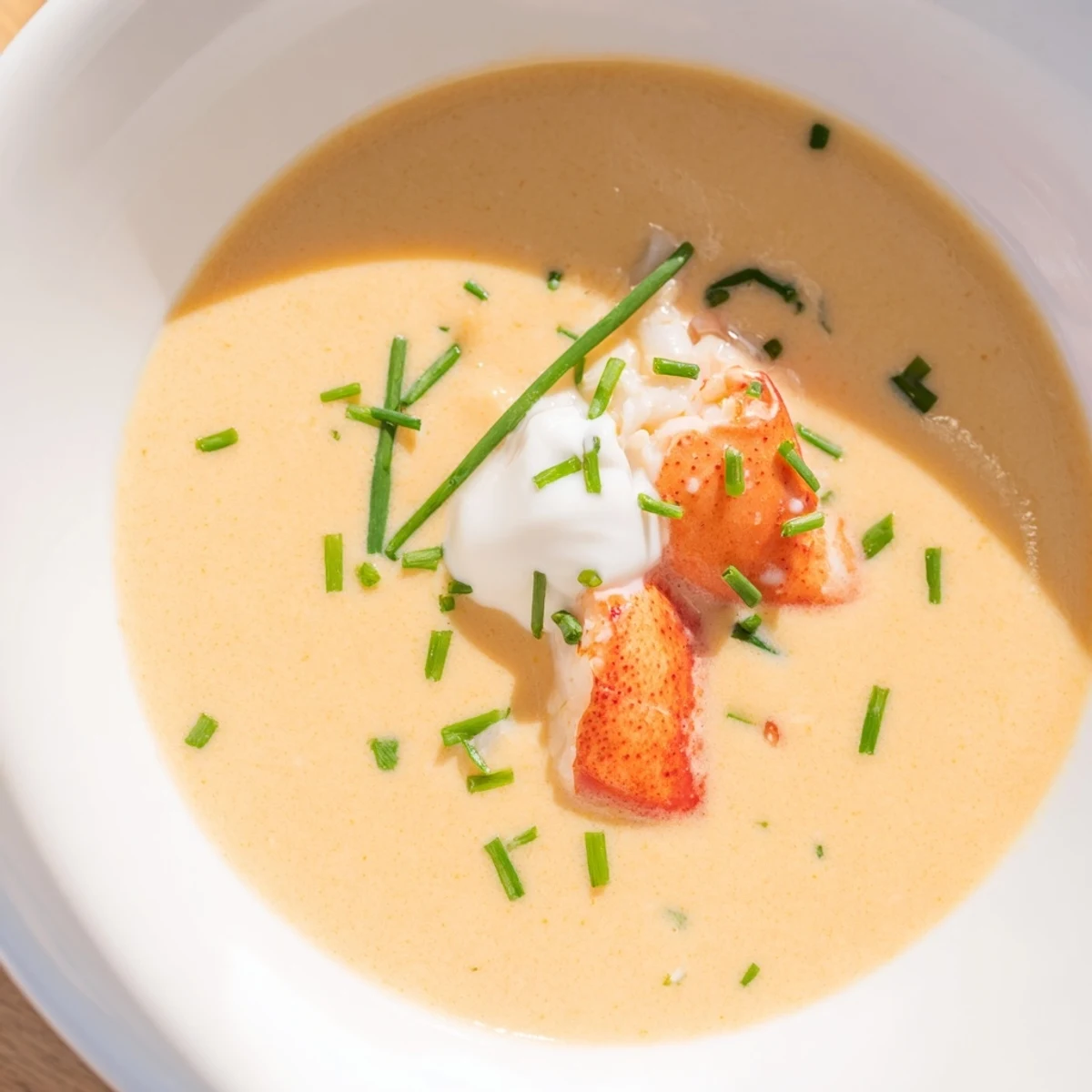 Close-up of Romantic Lobster Bisque with Sherry Vinegar topped with a dollop of crème fraîche.