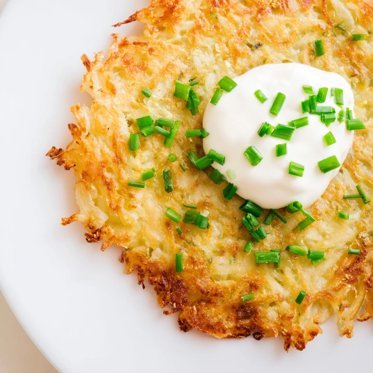 Golden-brown Irish Boxty Potato Pancakes with a dollop of cool sour cream and fresh chives on a rustic plate.