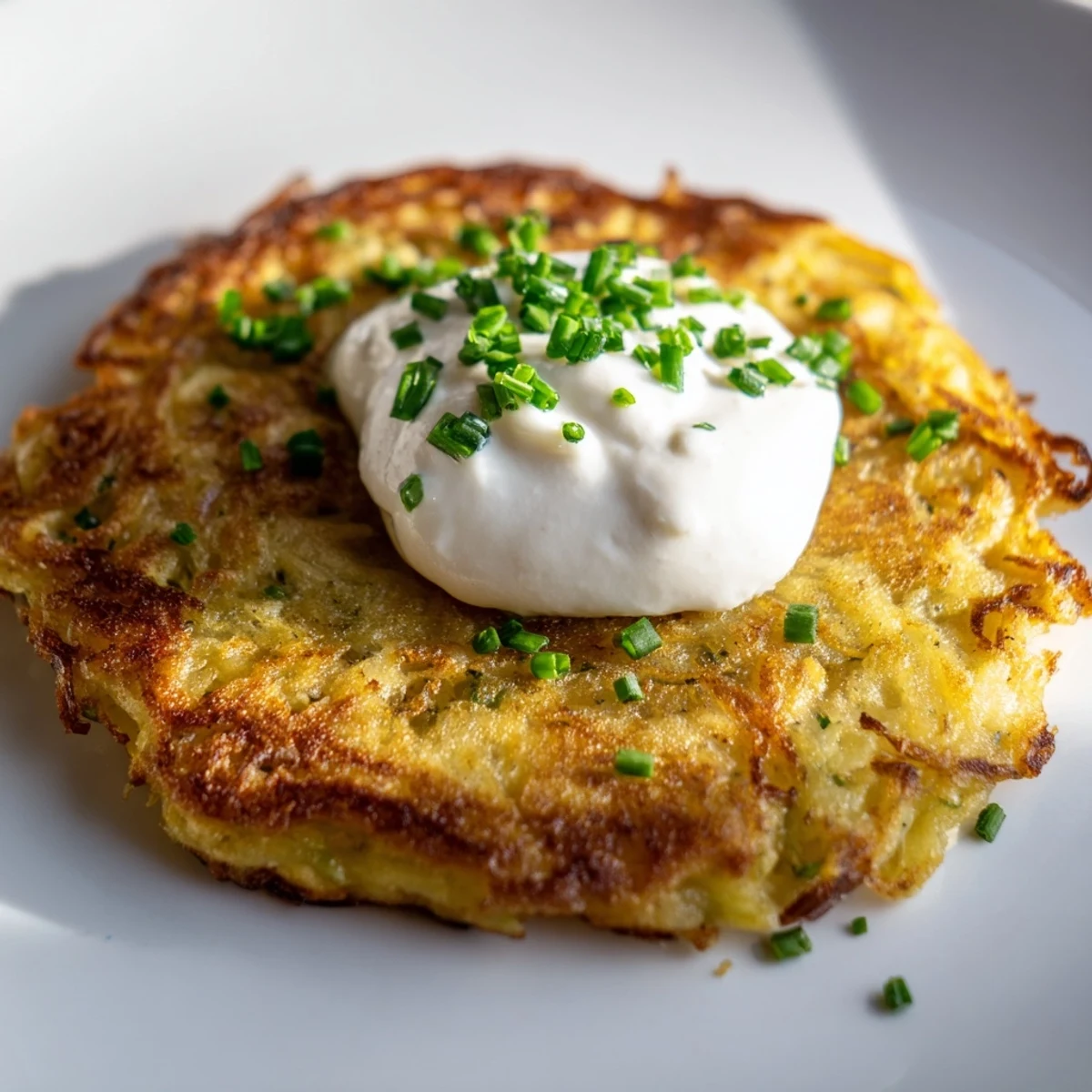 Stack of crispy Irish Boxty Potato Pancakes served hot with a side of sour cream for dipping.