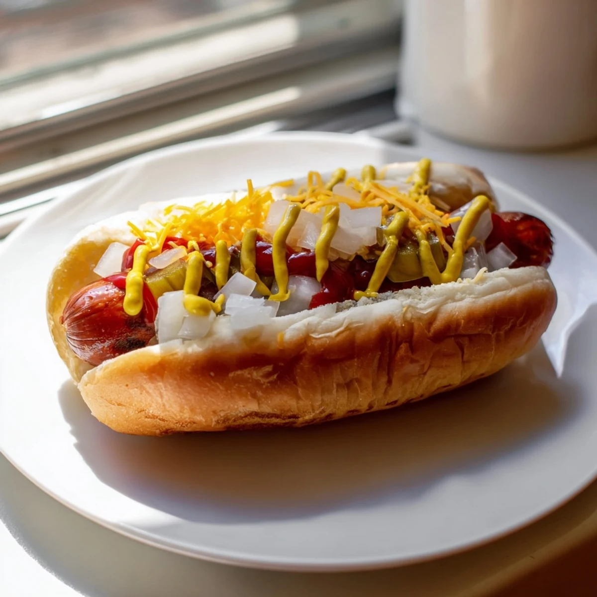 Juicy grilled beef franks nestled in toasted buns, part of a vibrant hot dog bar with colorful toppings ready for customization.