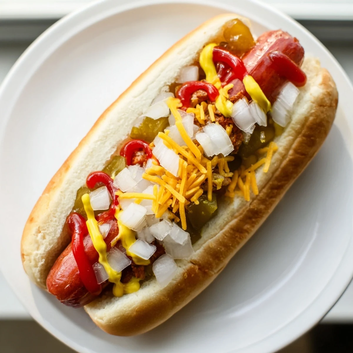A fully loaded beef frank in a warm bun from the hot dog bar, topped with jalapeños, bacon, and a dash of sriracha.