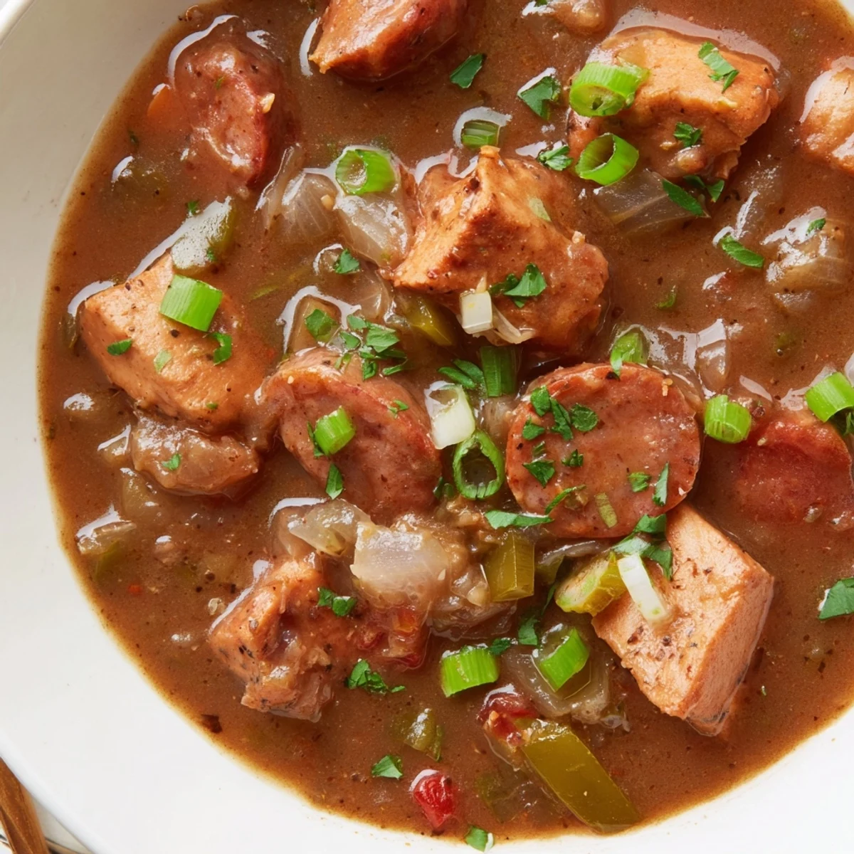 A steaming bowl of Gumbo with Turkey Sausage and Chicken, served over fluffy white rice and garnished with fresh parsley.