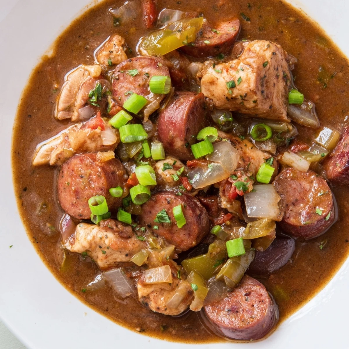Hearty Louisiana-style Gumbo with Turkey Sausage and Chicken simmering in a rich, aromatic broth with diced vegetables.