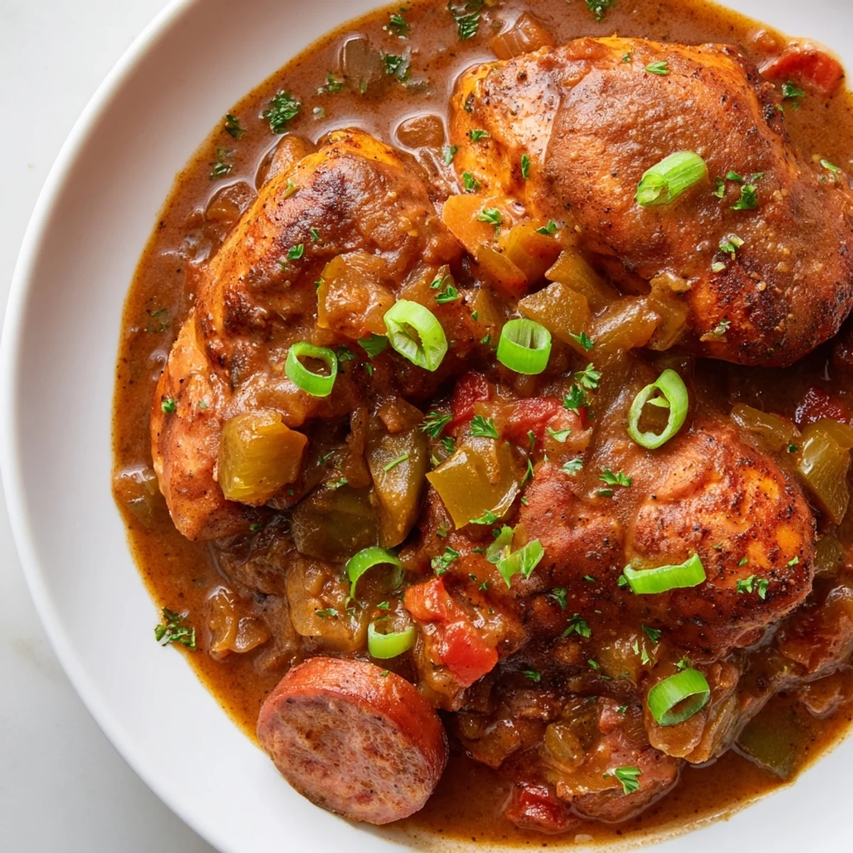 Close-up of Gumbo with Turkey Sausage and Chicken featuring tender chicken pieces and smoky sausage slices in a dark roux.