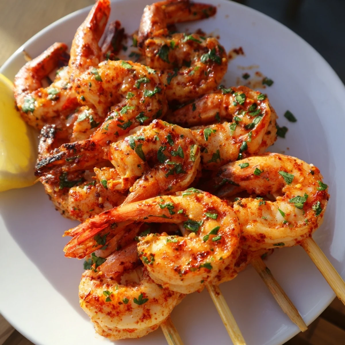 Charred, juicy Spiced Grilled Shrimp Skewers glisten with a warm spice marinade, served with fresh lemon wedges and cilantro on a rustic platter.  