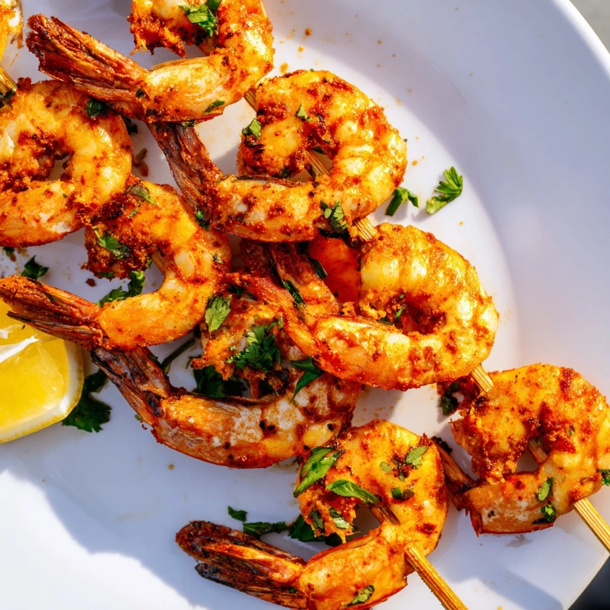 Plump Spiced Grilled Shrimp Skewers are grilled to perfection, displaying light char marks and bright citrus garnish for an easy summer main dish.  