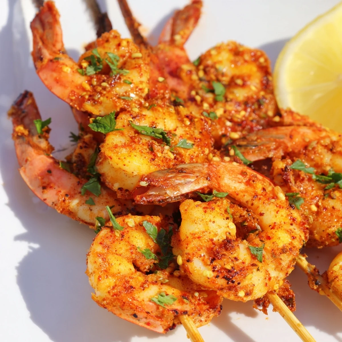 Tender Spiced Grilled Shrimp Skewers with smoky paprika and cumin aromas, paired with lemon wedges and herbs for a flavorful seafood appetizer.