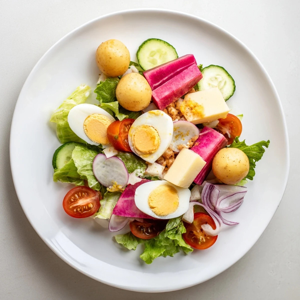 A vibrant Irish Pub Salad with hard-boiled eggs, creamy cheddar, crisp greens, and pickled beets on a wooden table.