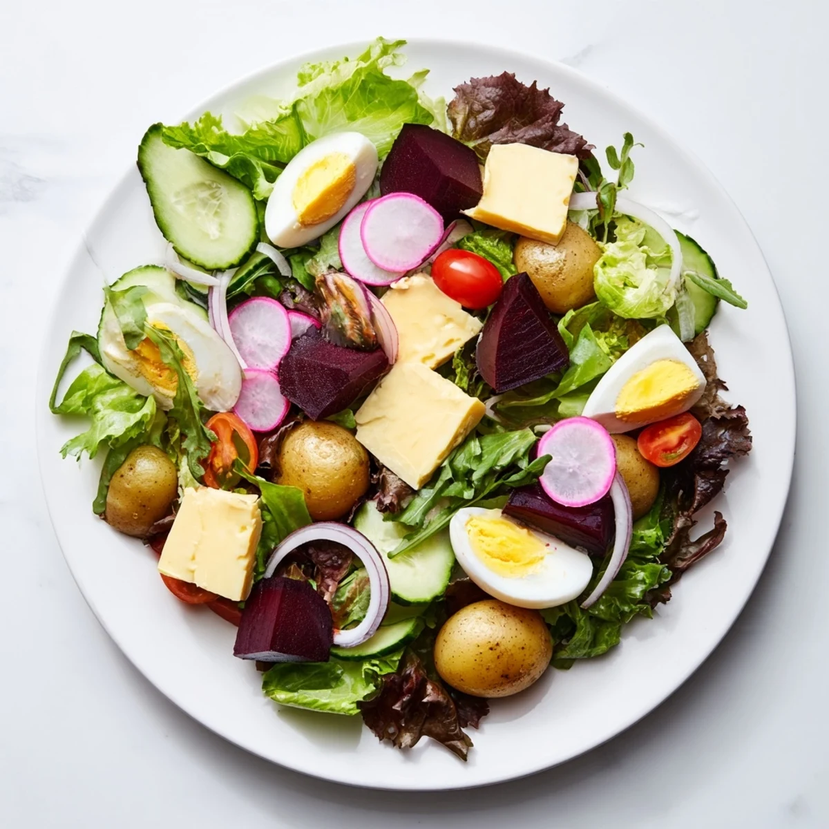 A rustic bowl of Irish Pub Salad with cherry tomatoes, cucumber, and baby potatoes, perfect for a hearty lunch.