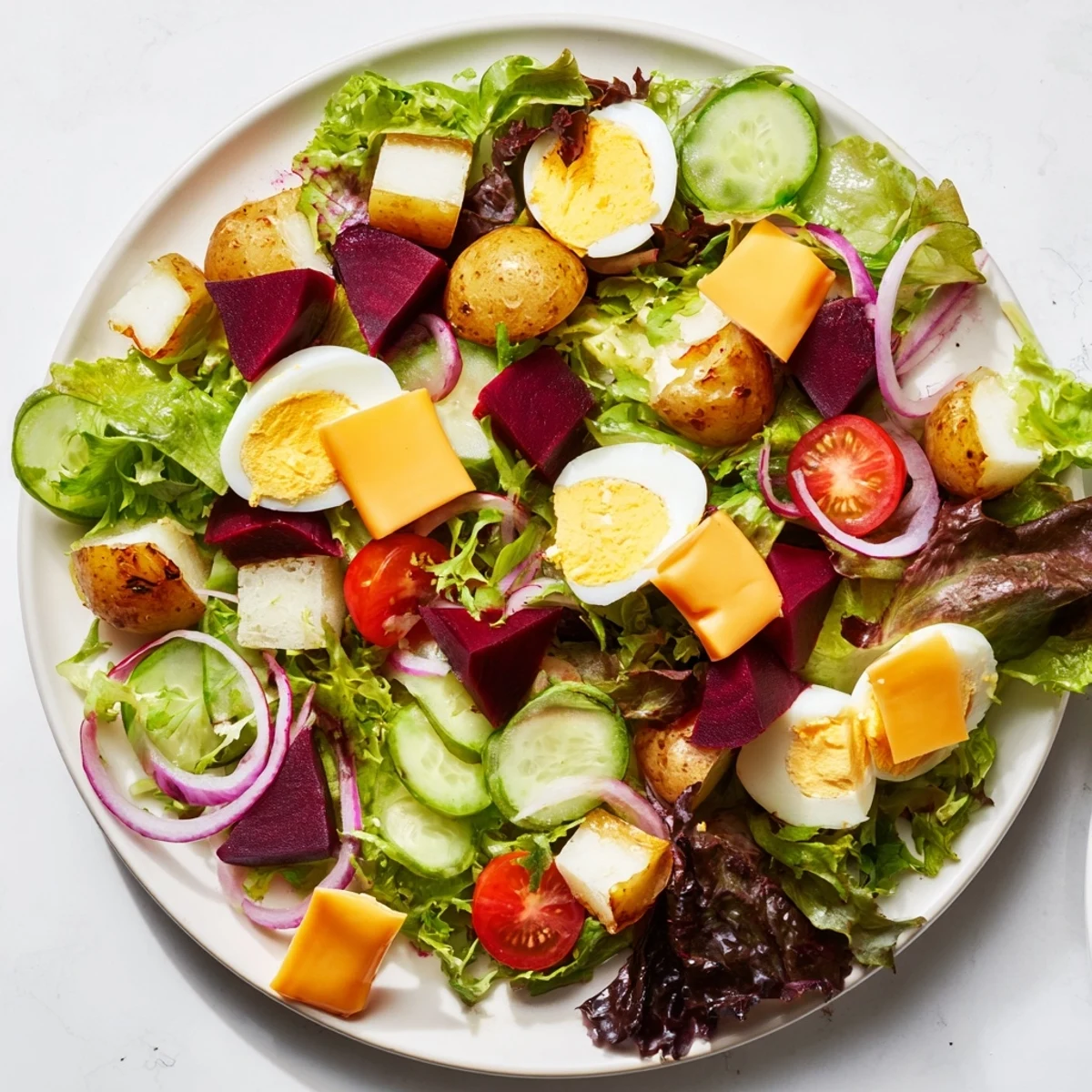 Close-up of Irish Pub Salad with quartered hard-boiled eggs, red onion, and a drizzle of zesty mustard vinaigrette.