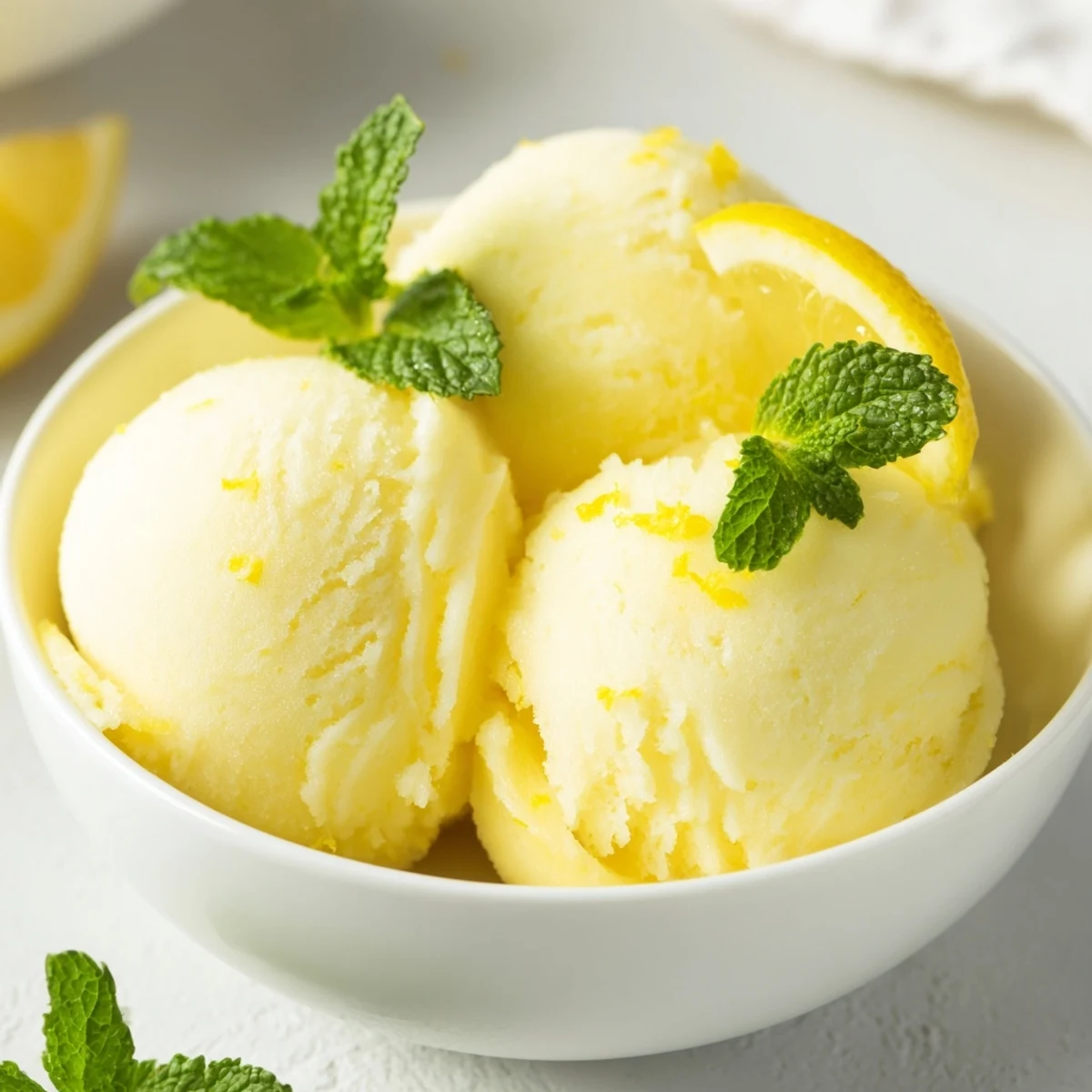 Bright yellow Lemonade Sorbet with Mint served in a clear glass, topped with a sprig of fresh mint for a cooling treat.