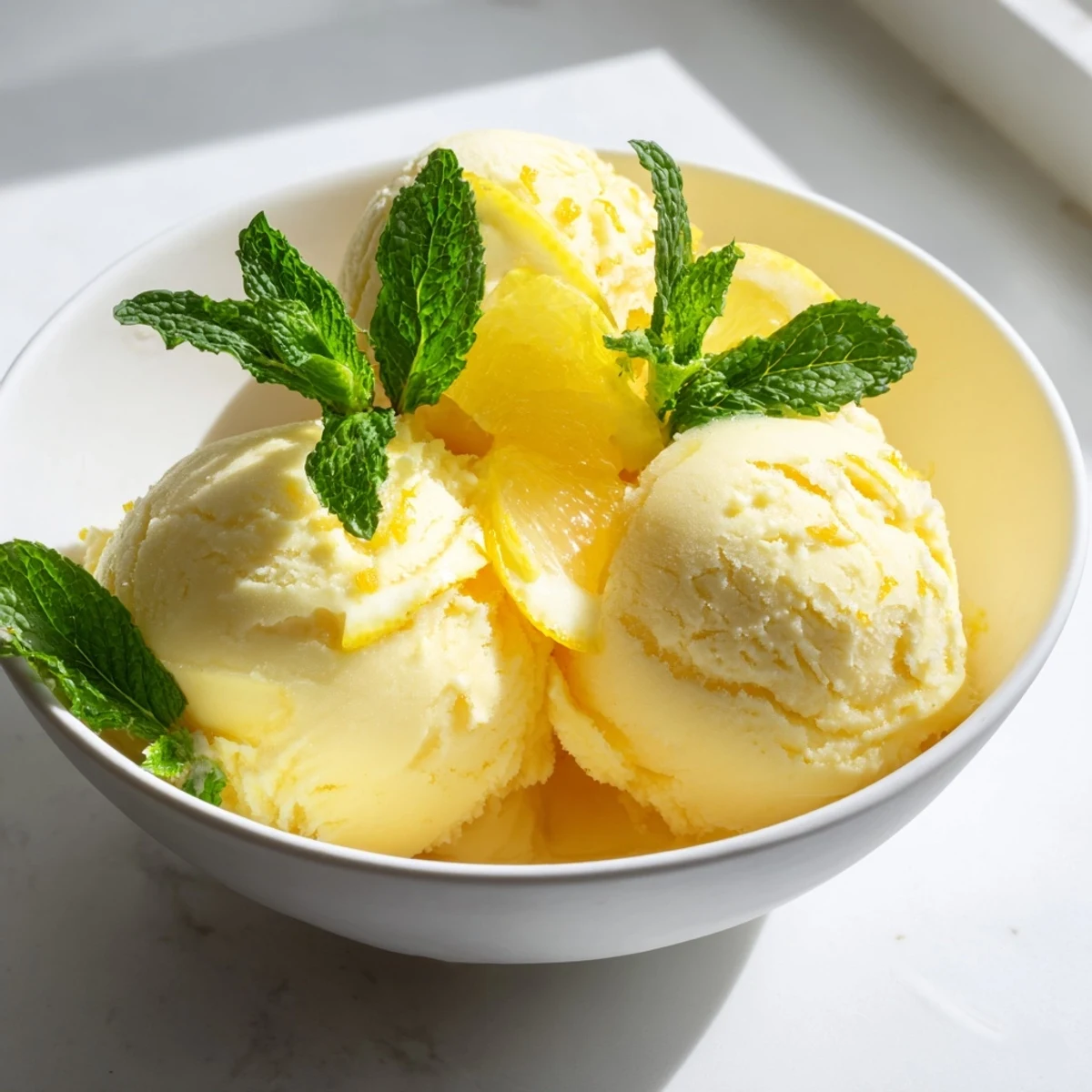 Spoonful of vibrant Lemonade Sorbet with Mint, glistening with condensation and a hint of zesty lemon zest.