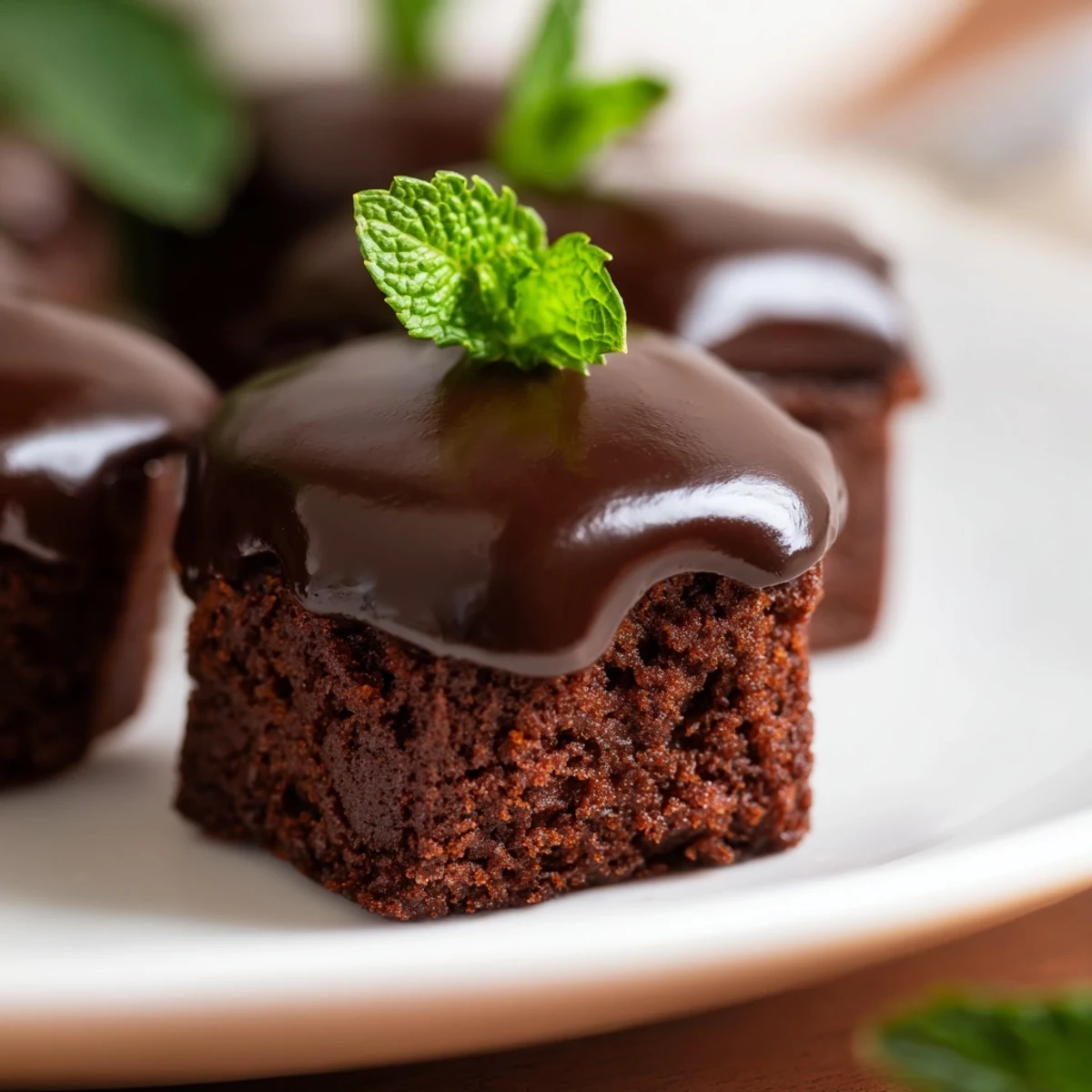 Stacked on a white plate, these Mint Brownie Bites are garnished with fresh mint leaves, showcasing their dense texture and glossy chocolate finish.