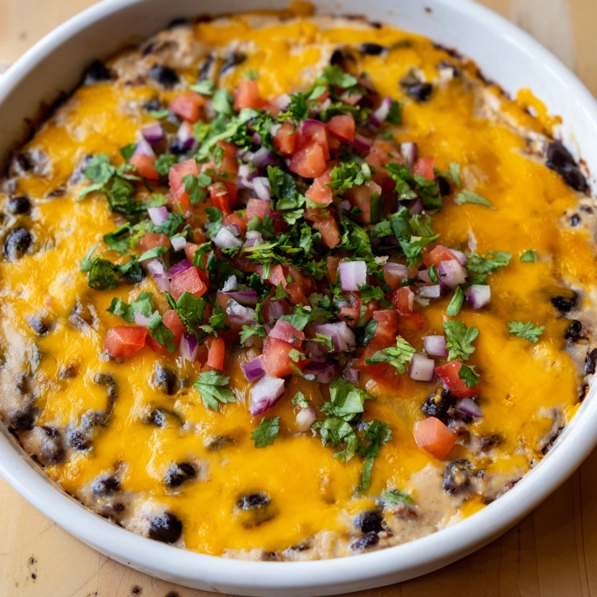 A warm, baked Bean Dip with Cheddar Cheese in a ceramic dish, garnished with fresh cilantro and diced tomatoes, with tortilla chips on the side.