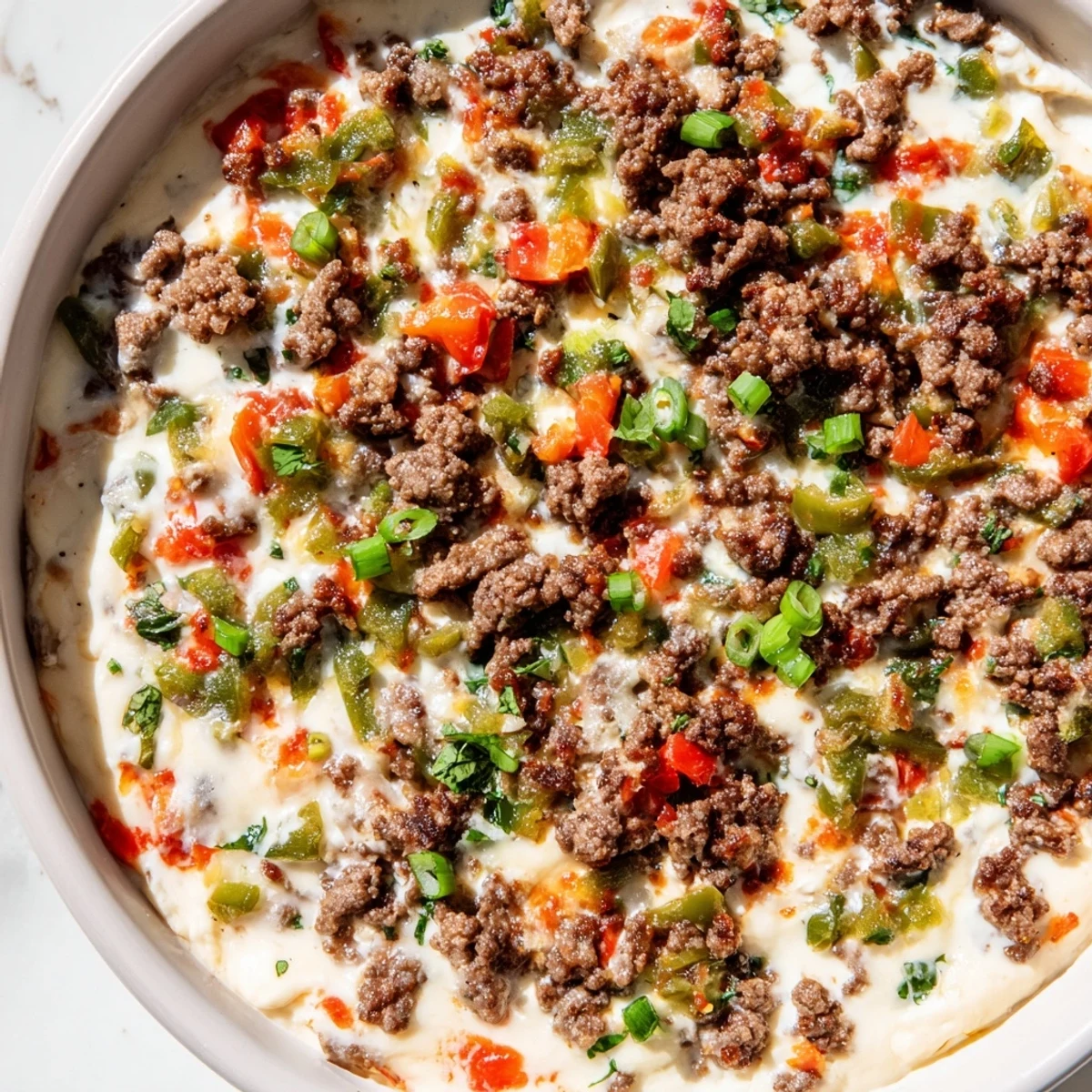 Creamy Queso Dip with Ground Beef and Peppers served warm with crunchy tortilla chips for dipping.