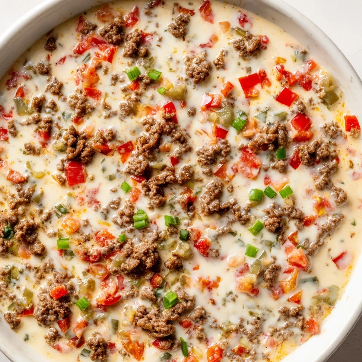 Tex-Mex Queso Dip with Ground Beef and Peppers, perfect for game day parties and gatherings.