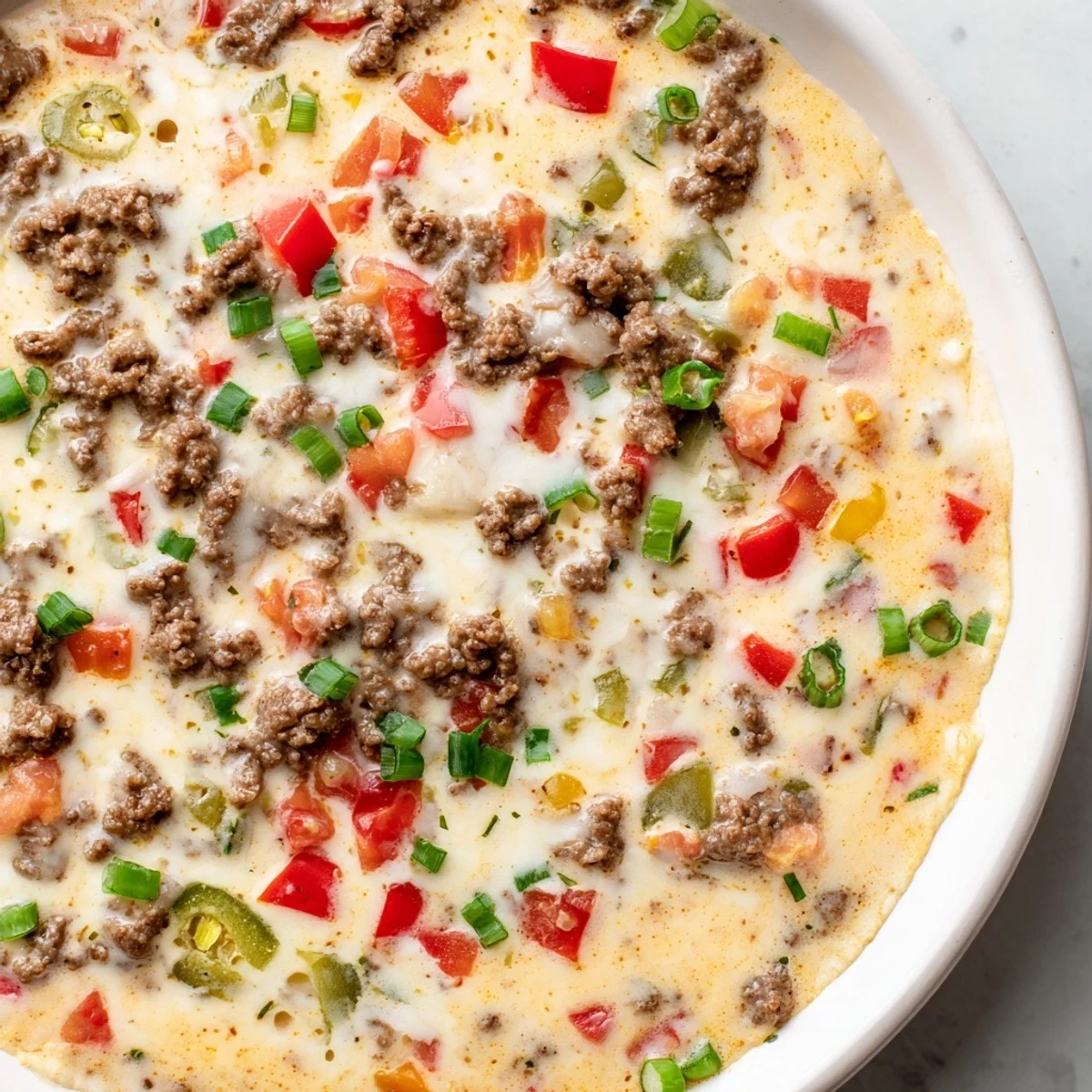 A close-up view of cheesy Queso Dip with Ground Beef and Peppers, garnished with fresh cilantro.