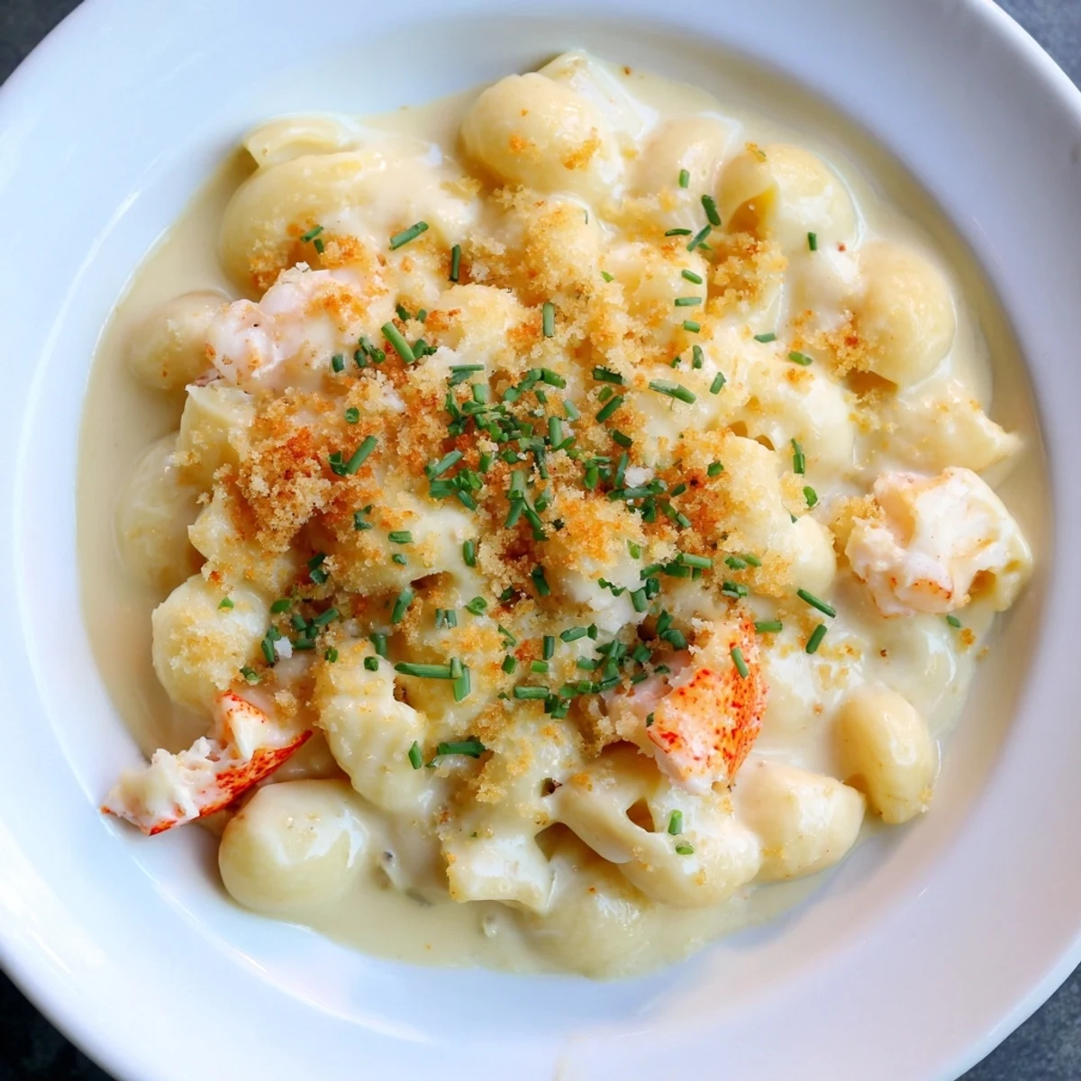 Golden-brown baked Lobster Mac and Cheese with truffle oil, served in a white dish beside fresh chives.