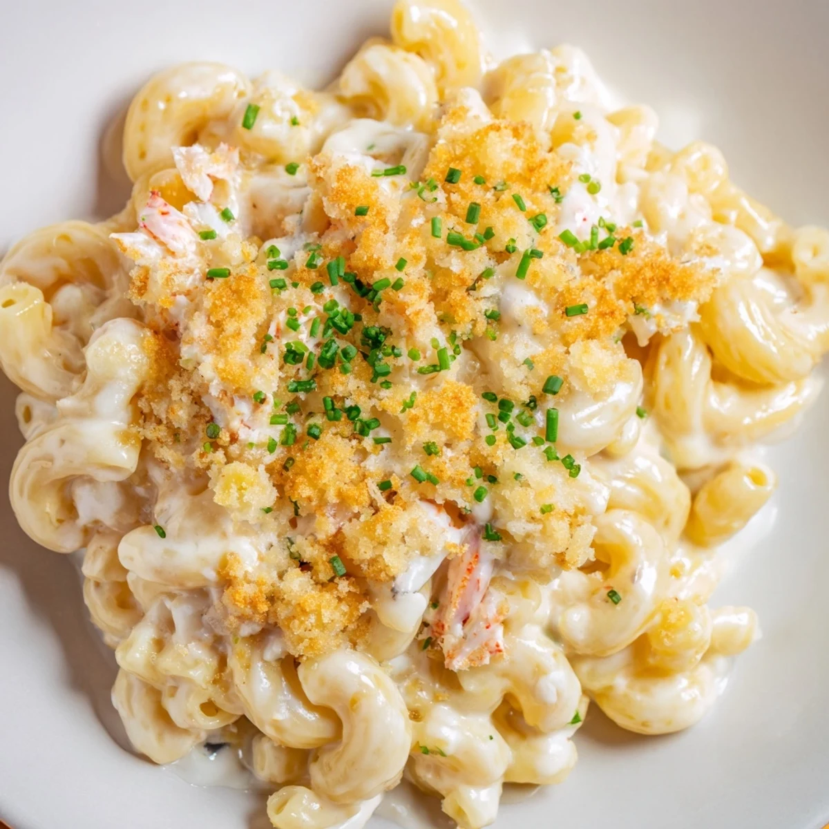 Creamy Lobster Mac and Cheese bubbles with melted Gruyère and cheddar, topped with toasted panko breadcrumbs.