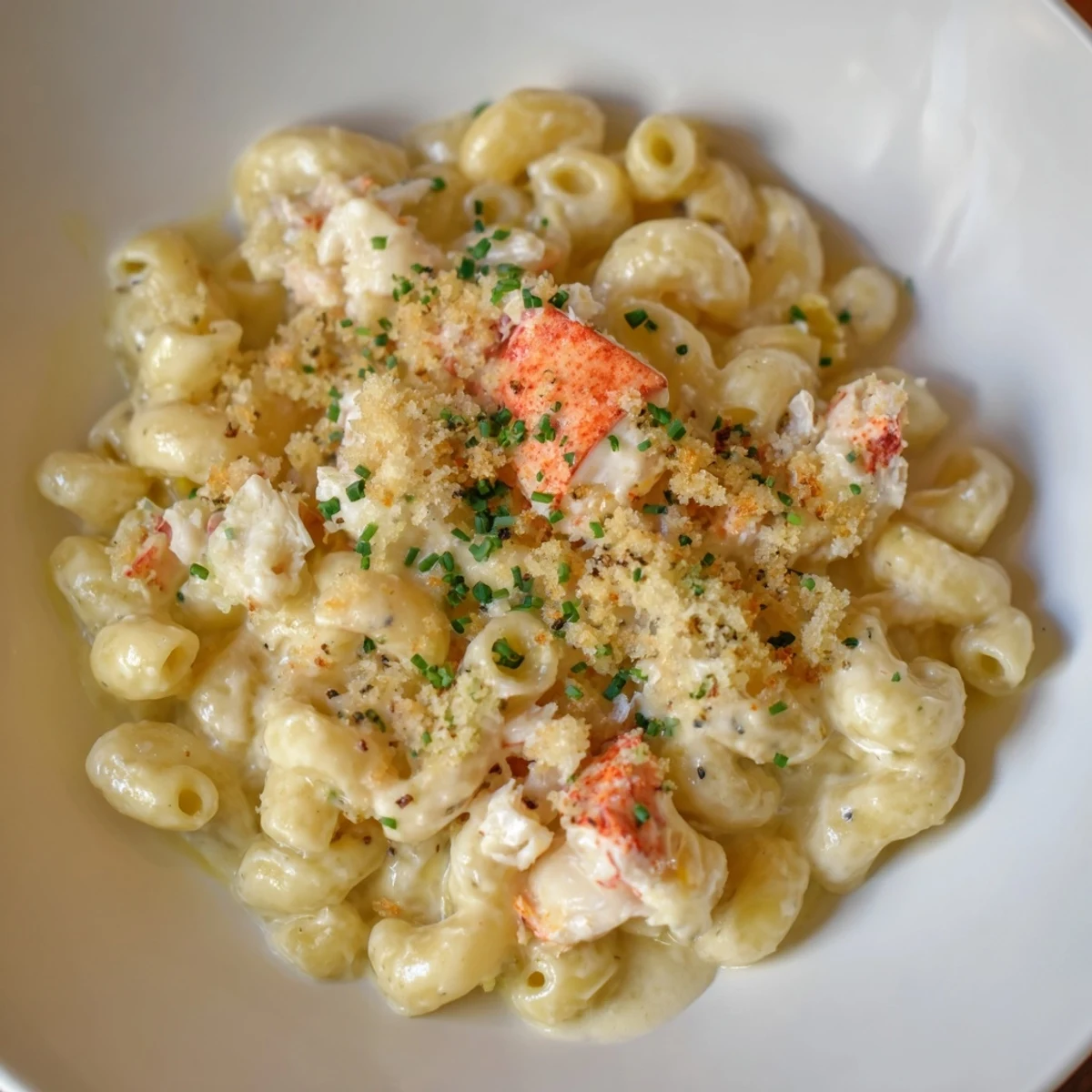 Decadent Lobster Mac and Cheese drizzled with white truffle oil, ready to serve with a crisp green salad.