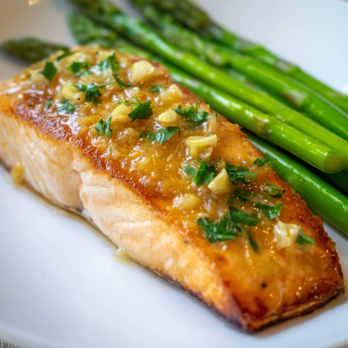 Perfectly cooked salmon fillets served over tender green asparagus, finished with a bright, homemade lemon garlic butter drizzle.