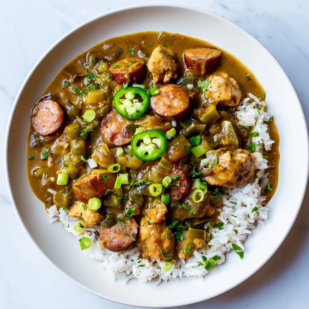 Gumbo with Turkey Sausage and Chicken served steaming hot over fluffy white rice, garnished with fresh green onions.