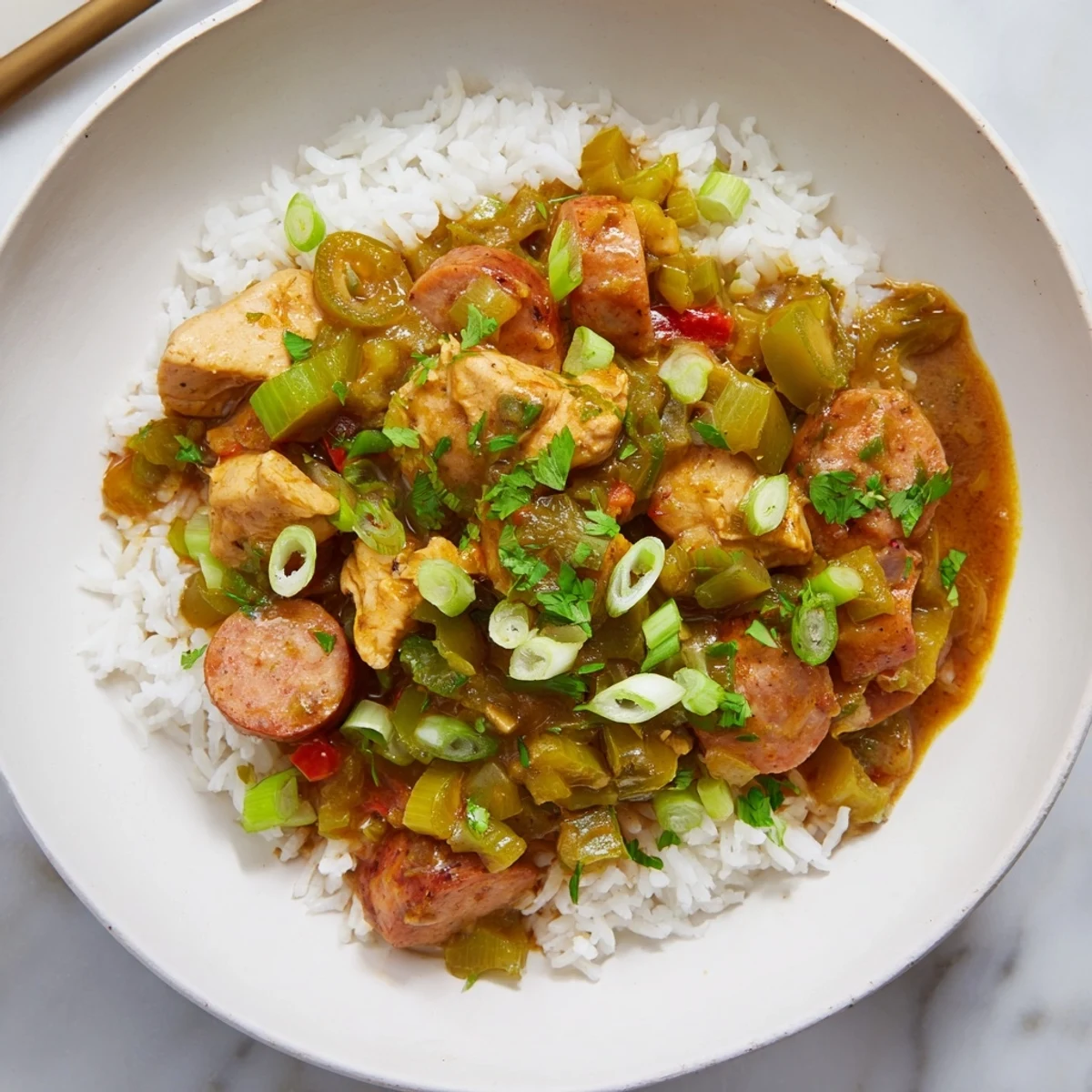 A close-up of richly spiced gumbo with tender chicken thighs and smoky turkey sausage simmered with okra.