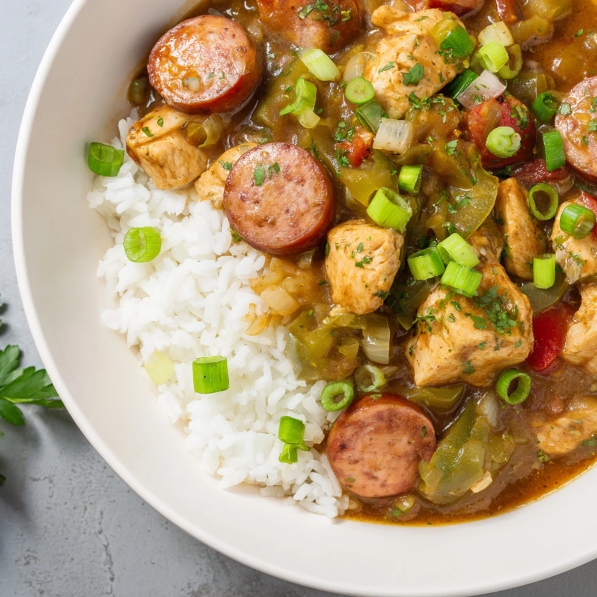 Hearty Cajun gumbo with turkey sausage and chicken in a dark roux, served as a comforting family dinner.