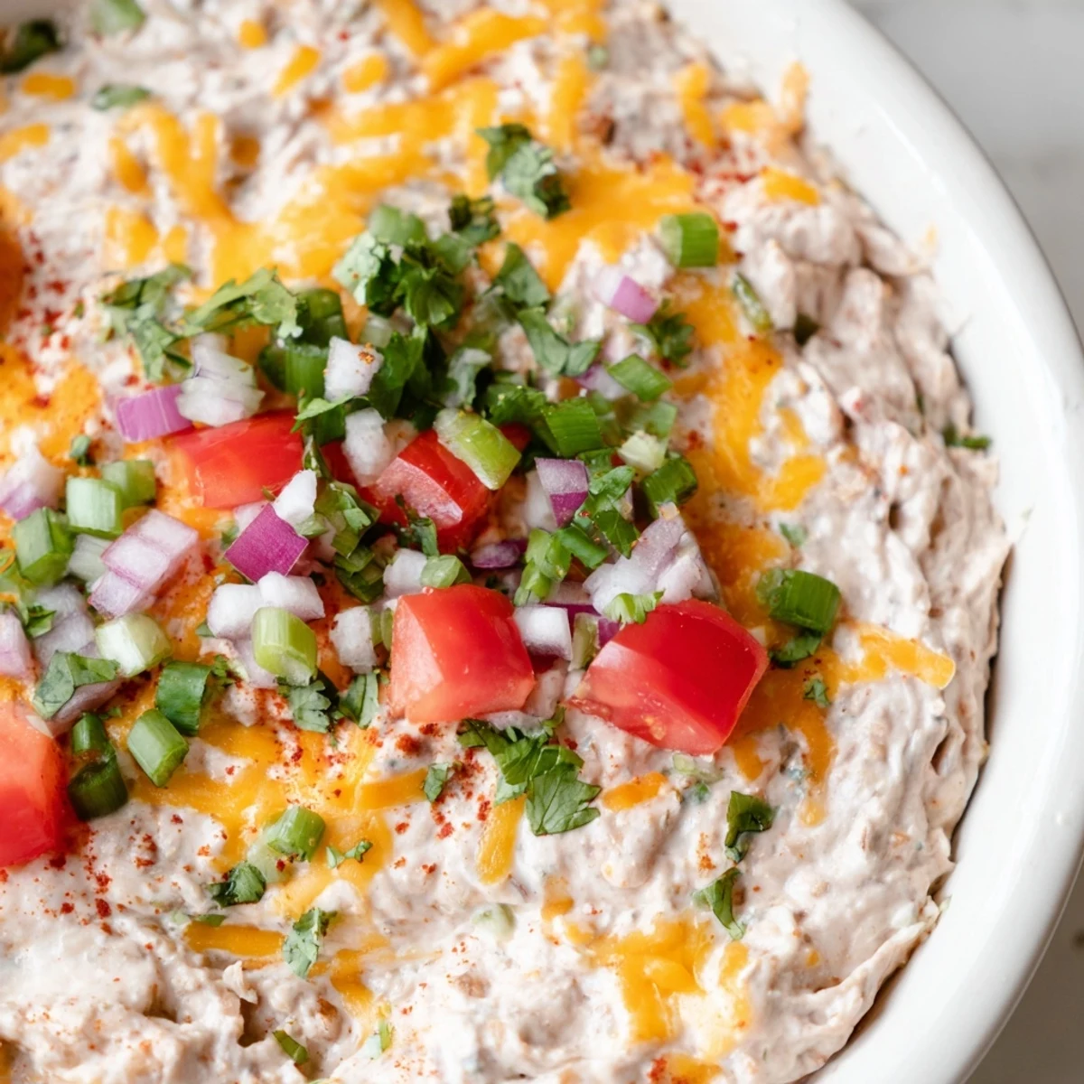 Baked Bean Dip with Cheddar Cheese bubbling in a dish, topped with fresh cilantro and diced tomatoes.