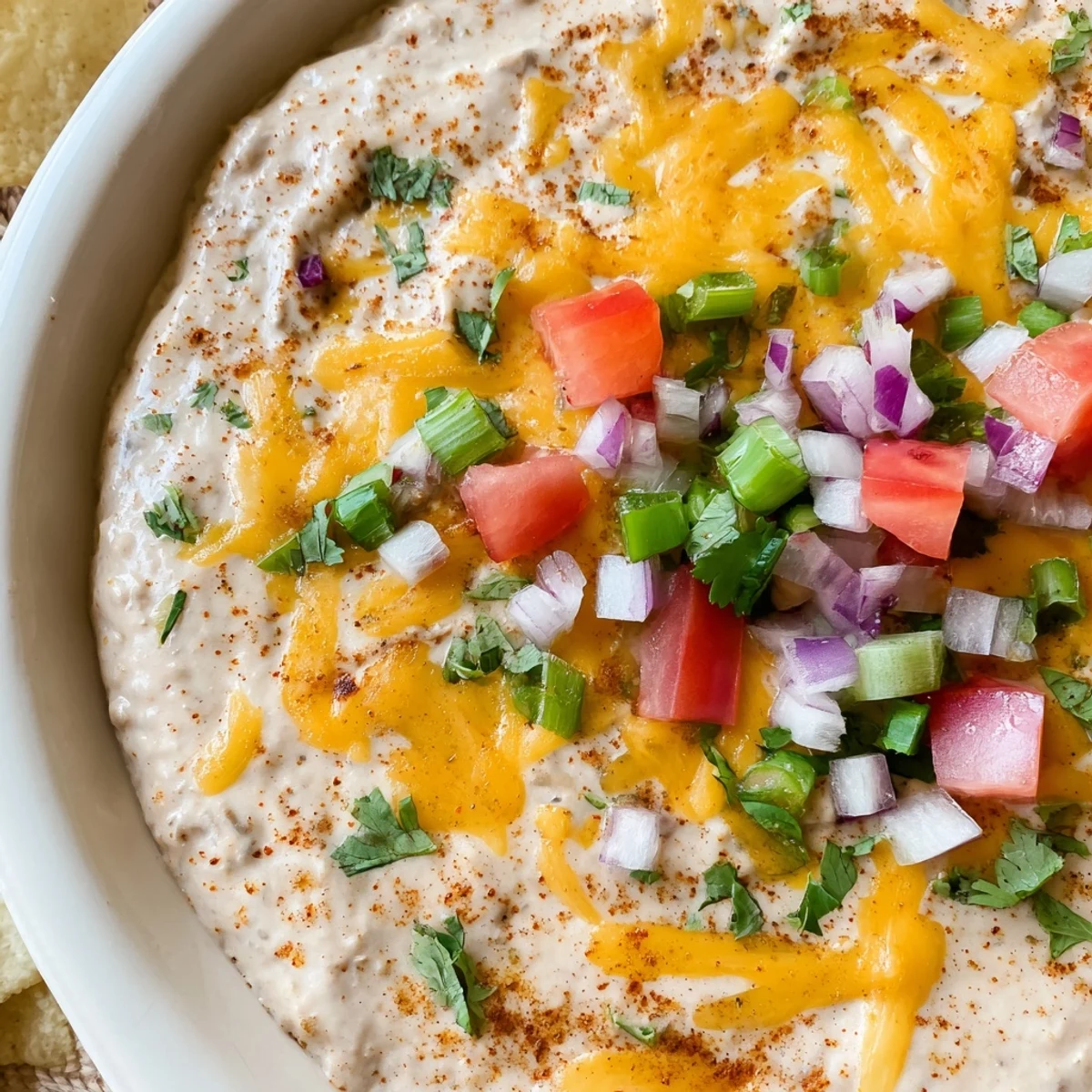 Golden, melted Bean Dip with Cheddar Cheese garnished with green onions, ready for a game day snack.