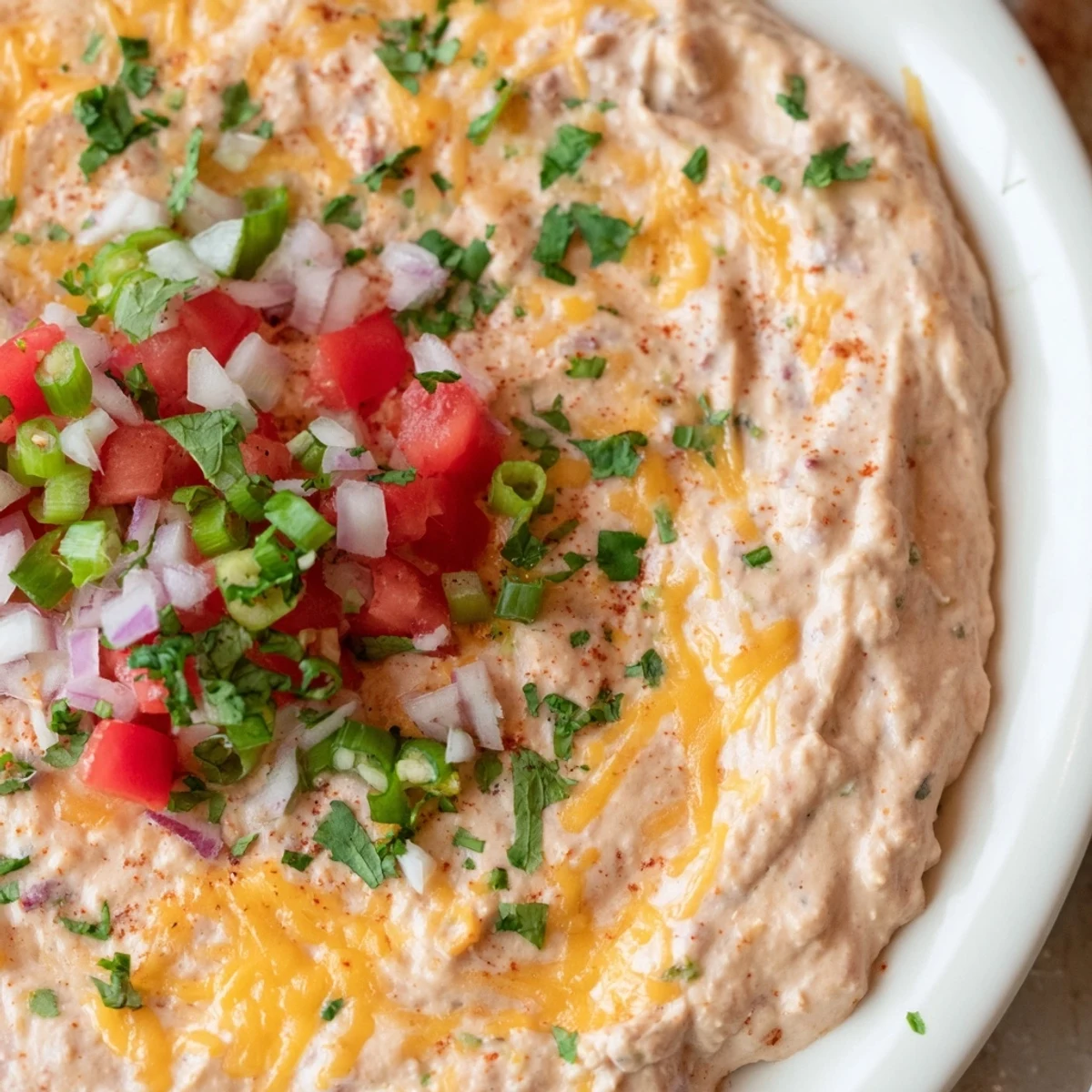A close-up view of creamy Bean Dip with Cheddar Cheese, served with crunchy tortilla chips for dipping.