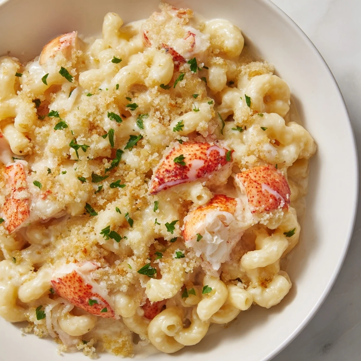 Golden-brown baked Lobster Mac and Cheese with truffle oil, featuring a creamy cheese sauce and tender lobster chunks, served in a ceramic dish.  