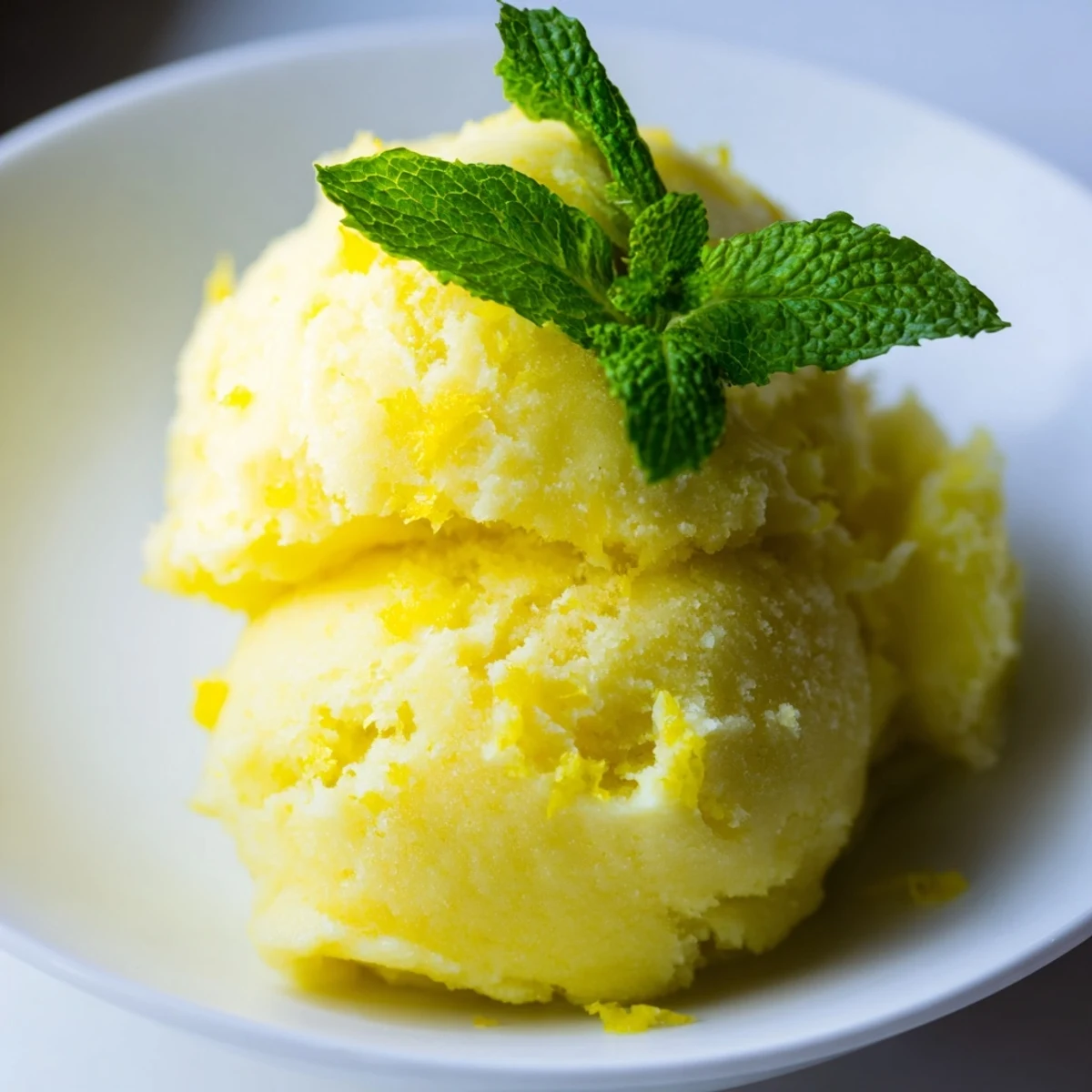 Lemonade sorbet with mint garnish, frozen to a fluffy texture in a white ceramic dish, perfect for a tangy palate cleanser.
