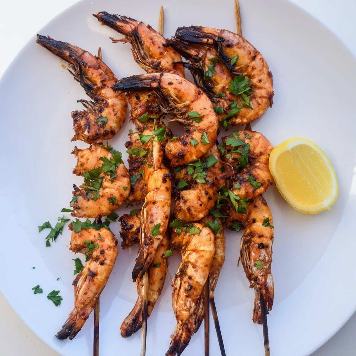 Juicy Spiced Grilled Shrimp Skewers with Lemon sizzling on the grill, garnished with fresh parsley and lemon wedges.