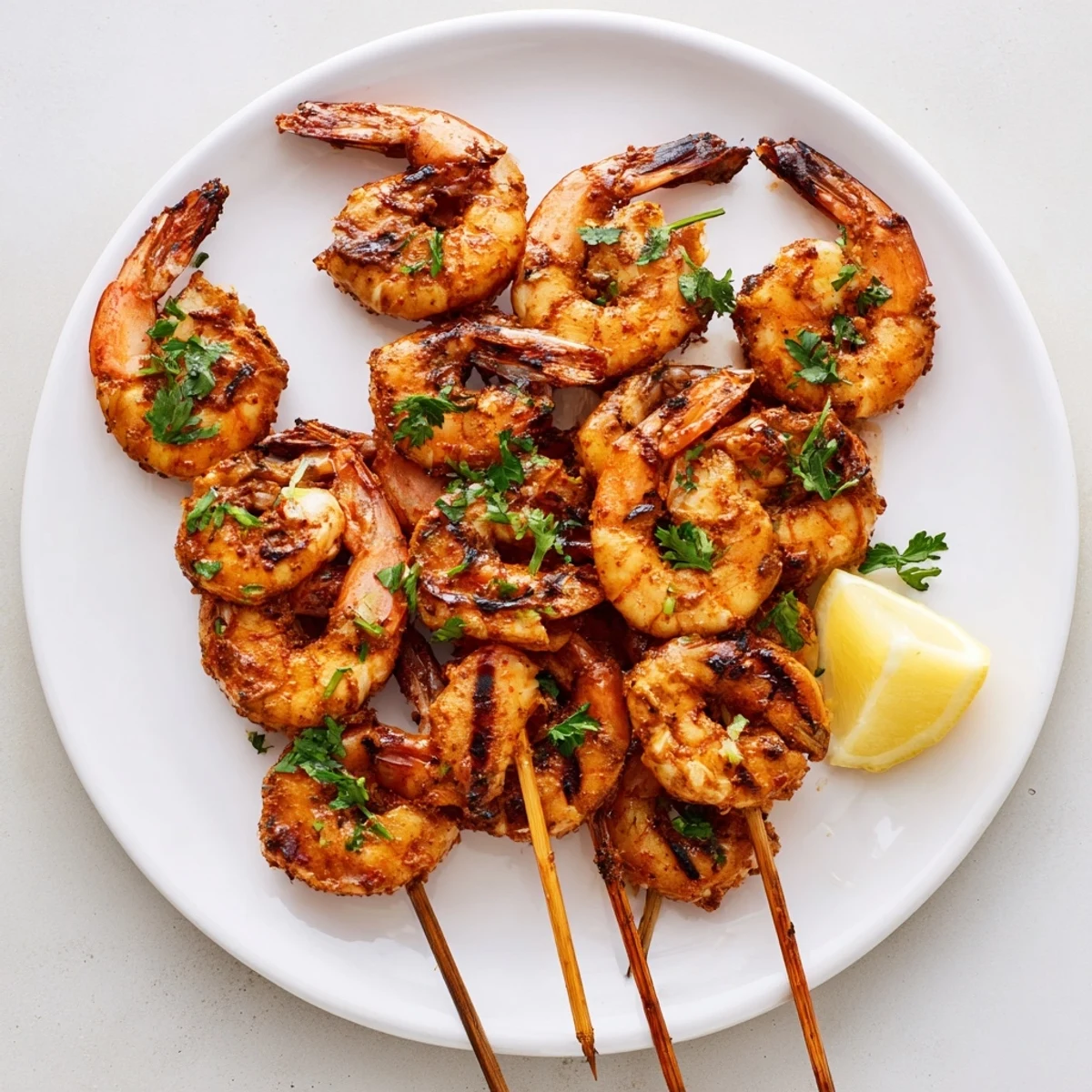 Close-up of Spiced Grilled Shrimp Skewers with Lemon highlighting the smoky char and vibrant marinade.