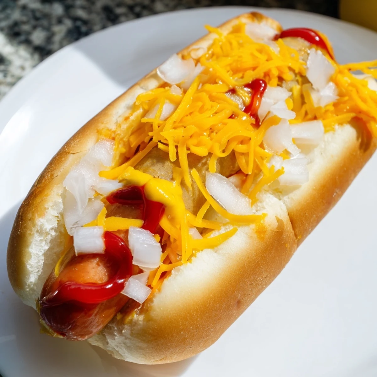 Steaming beef franks in buns set up for a hot dog bar, with diced onions, sauerkraut, and avocado slices ready for customizing at home.
