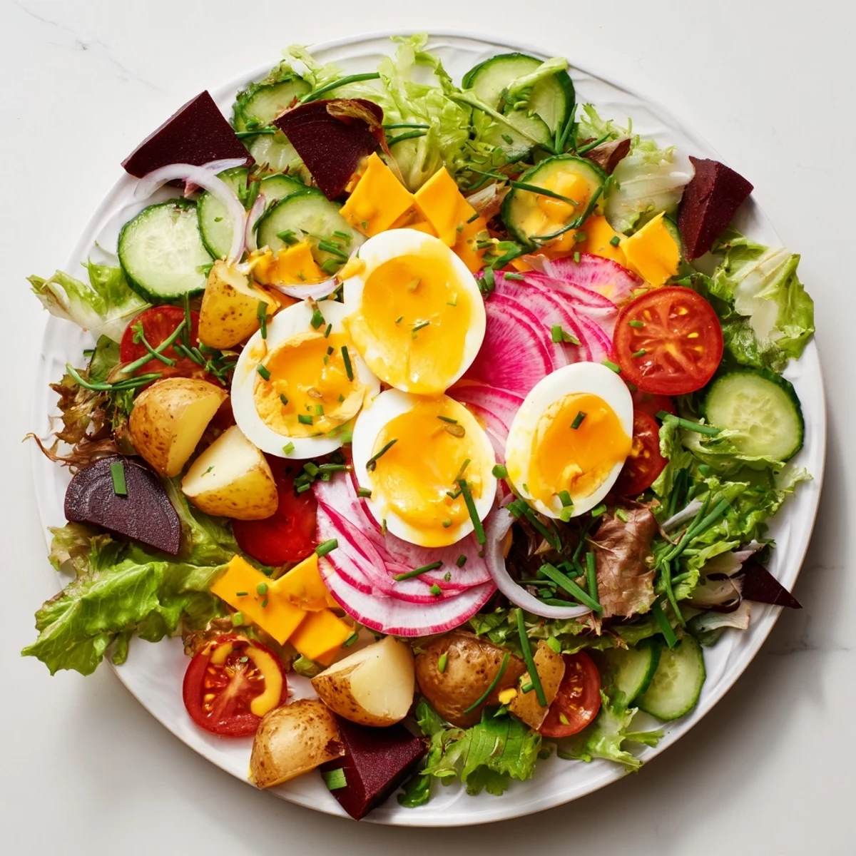 Freshly halved hard-boiled eggs sit atop a vibrant Irish Pub Salad with cherry tomatoes, cucumbers, and sharp cheddar, drizzled with mustard vinaigrette.