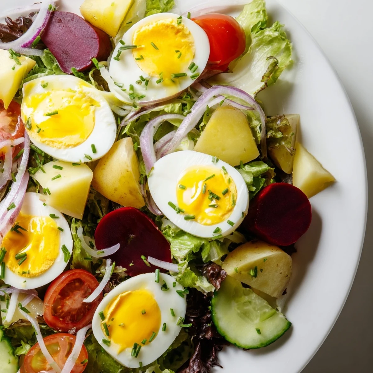 Colorful Irish Pub Salad served on a white plate, garnished with chives and a tangy mustard vinaigrette, perfect for a quick vegetarian lunch.