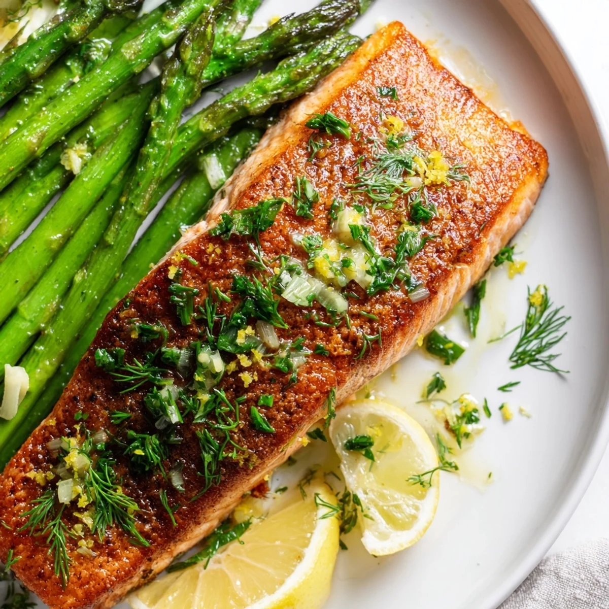 Pan seared salmon with asparagus spears on a white plate, featuring golden crispy skin and bright green tender stalks. 