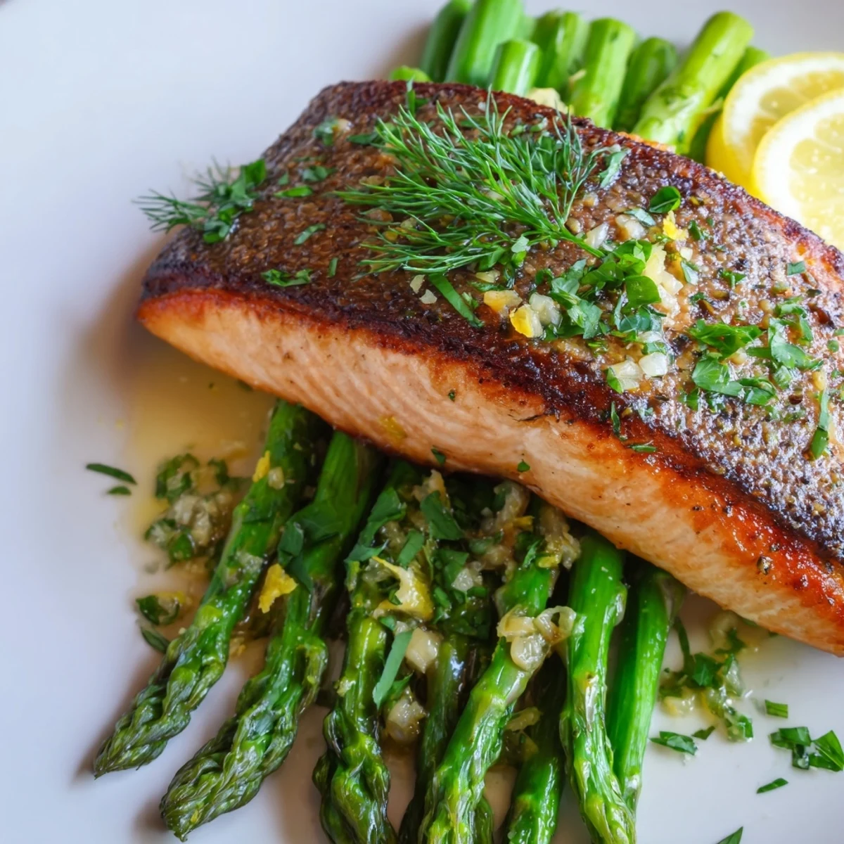 Serving suggestion for pan seared salmon with asparagus spears, plated over sautéed greens with lemon zest.