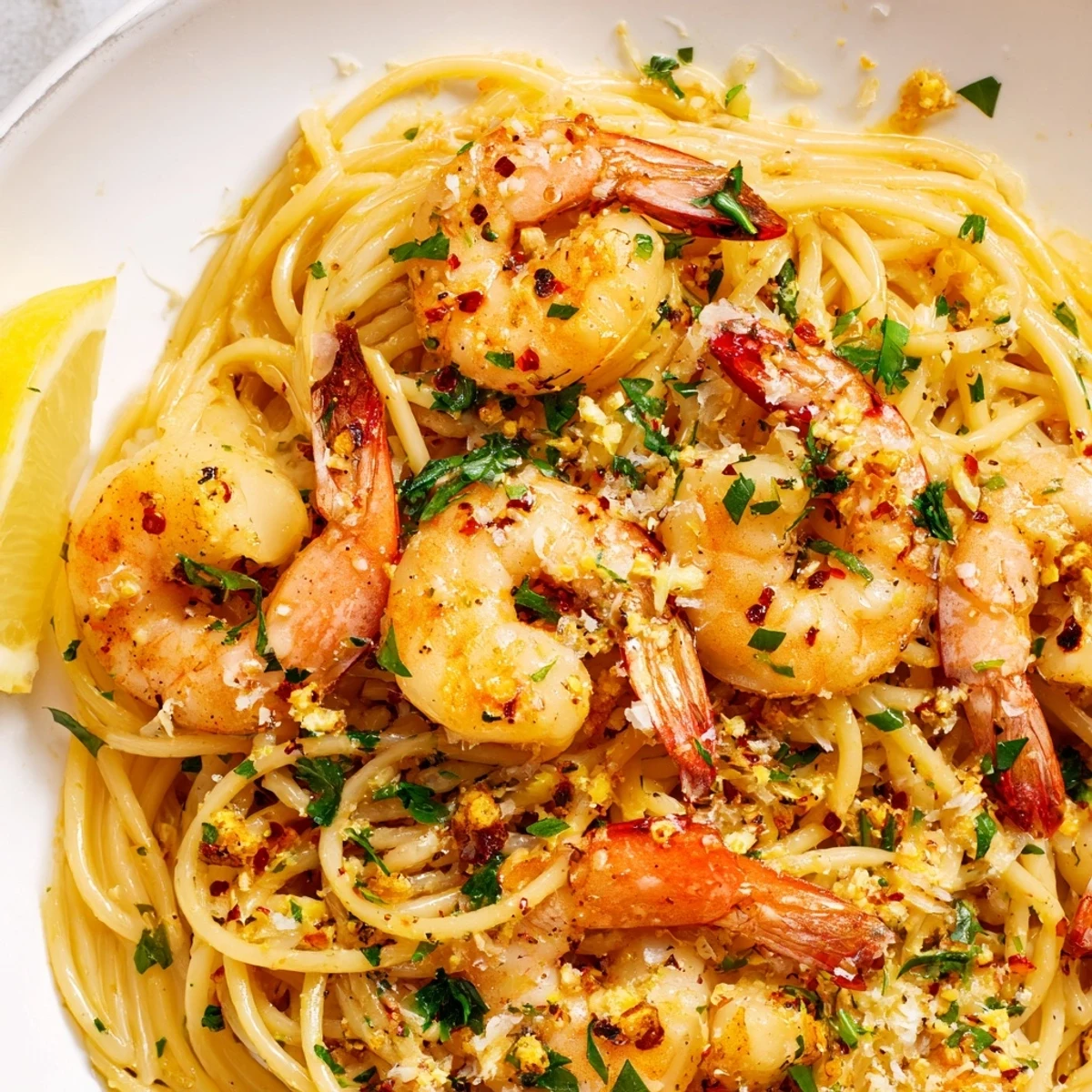 Plated Lemon Garlic Shrimp Pasta with fresh parsley and lemon wedges. 