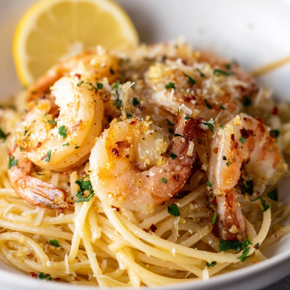 Freshly grated Parmesan and parsley on warm Lemon Garlic Shrimp Pasta. 