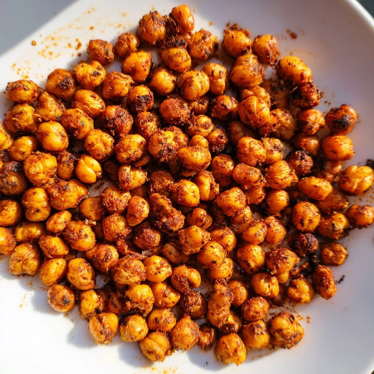 A bowl of Cajun Spiced Roasted Chickpeas is topped with fresh herbs, highlighting their crunchy texture and bold flavor.