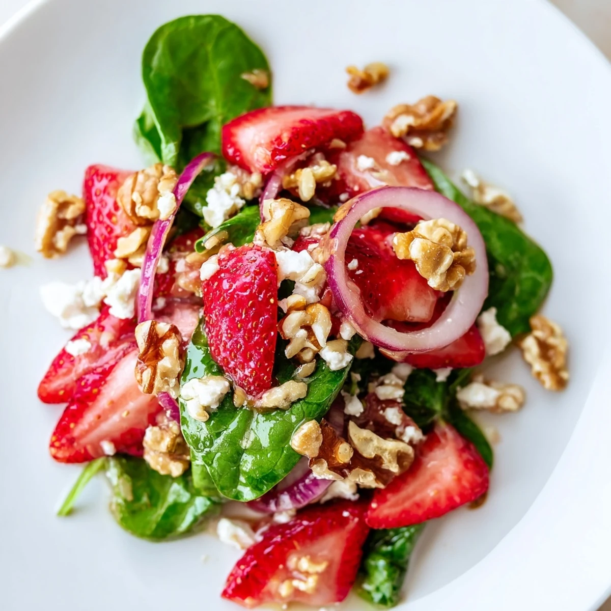 A vibrant Strawberry Spinach Salad with Walnuts tossed in tangy balsamic vinaigrette and served on a white plate.