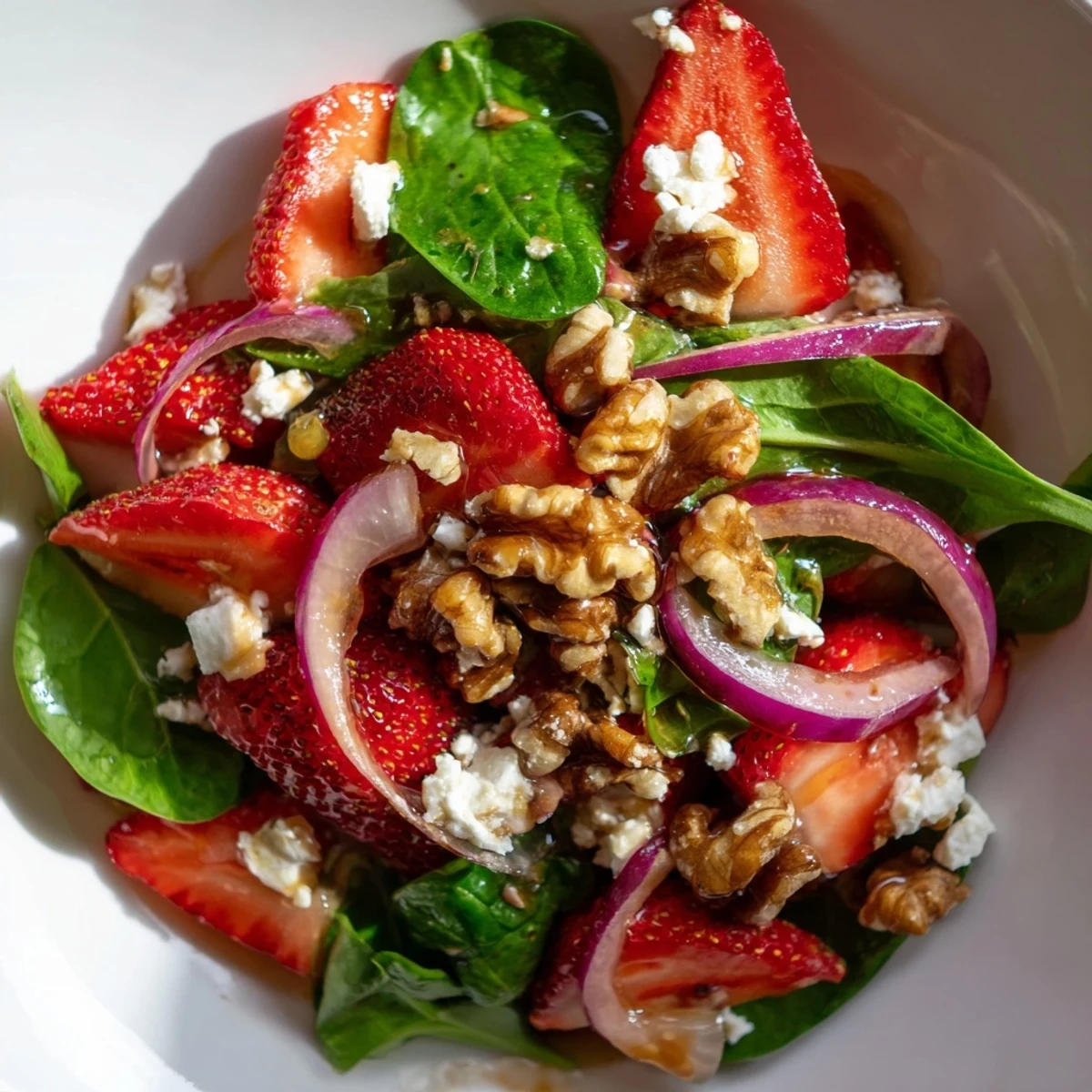 Easy Strawberry Spinach Salad with Walnuts featuring crunchy toasted walnuts, red onion, and feta for a quick spring side.
