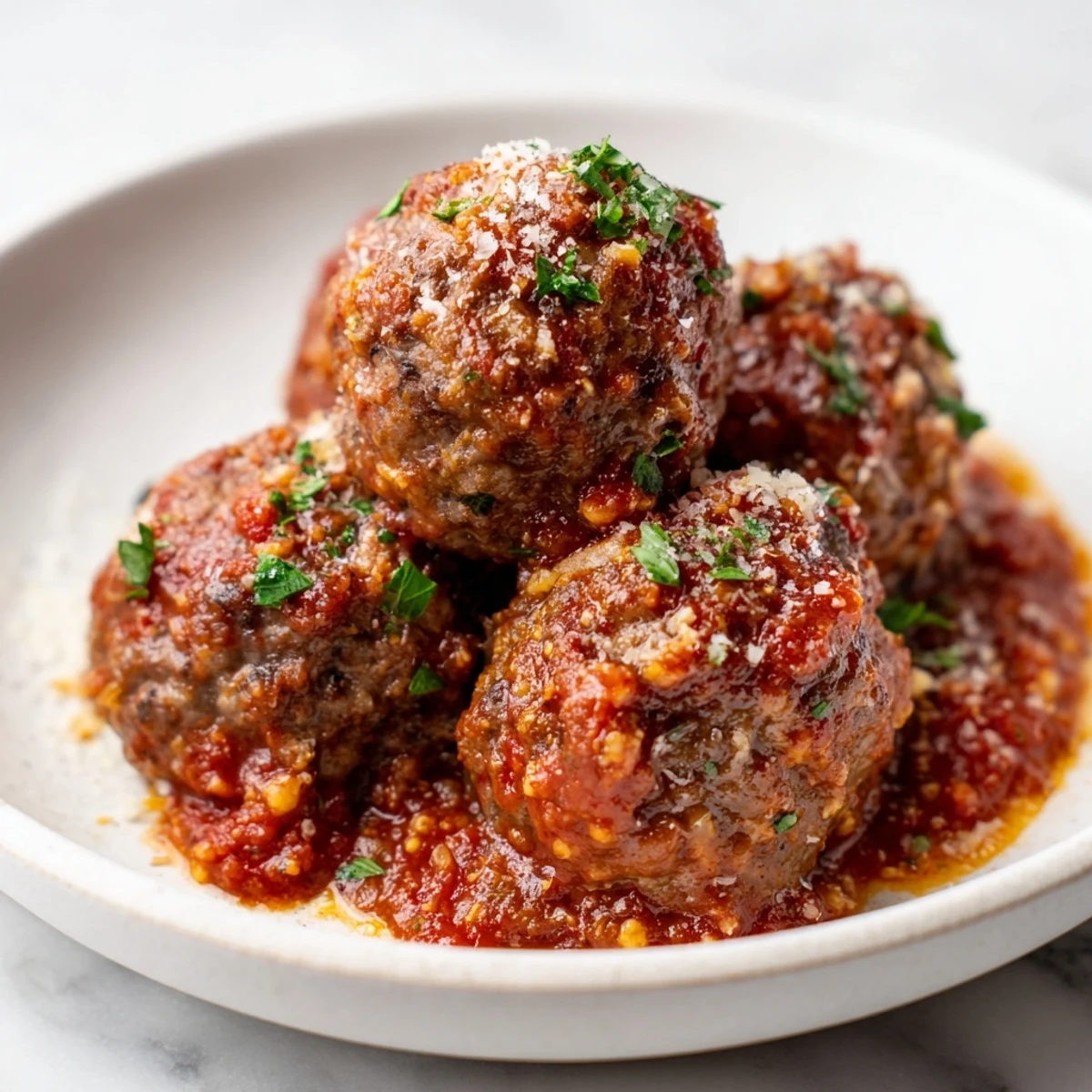 Golden-brown beef meatballs simmering in a rich, bubbling marinara sauce in a cast-iron skillet, topped with fresh basil leaves.
