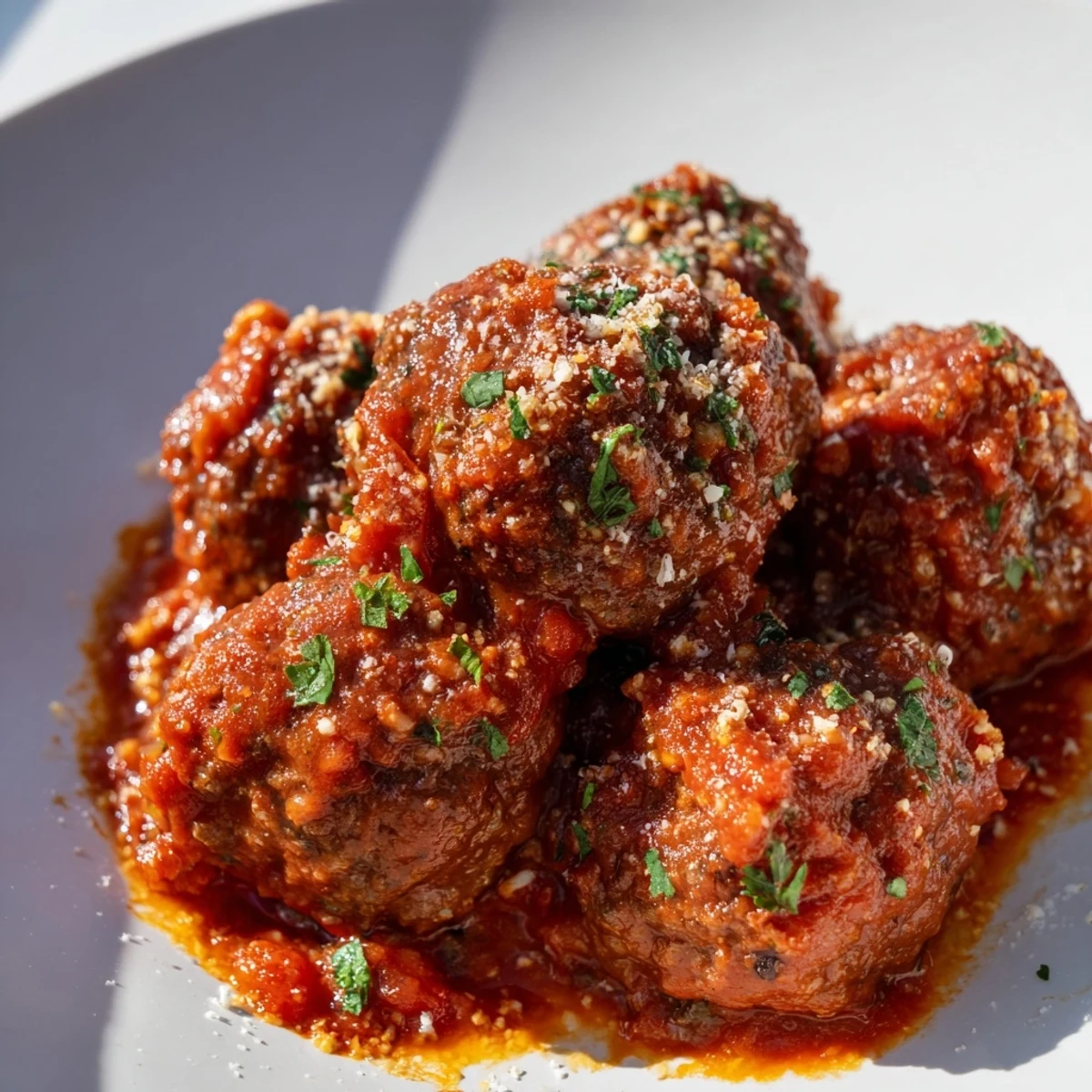 Tender, juicy beef meatballs coated in savory marinara sauce served over steaming spaghetti, ready for a family dinner.